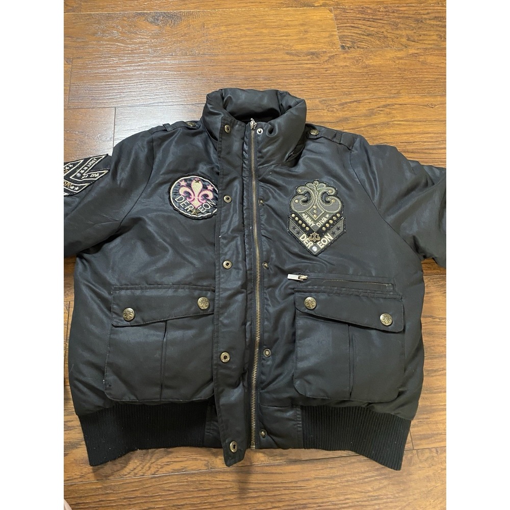 Dereon Black Quilted Puffer Bomber Jacket with Army Embroidered Patches - Picture 6 of 11